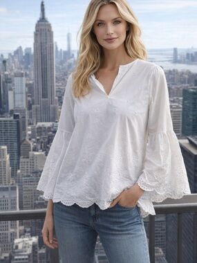 Michael Kors White Eyelet Scalloped Bell Sleeve Blouse